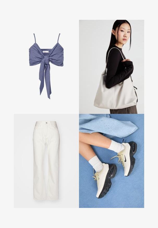 Top corto lila con finas tirantes ajustables, que presenta un detalle de nudo en el frente y tela fruncida para añadir textura. Hecho de un material suave y elástico.; Pantalones de mezclilla blanca con una alta cintura y un ajuste de pierna ancha. Presenta un cierre de botón y cremallera, presillas para cinturón y detalles de costura sutil.; Las zapatillas Nike Air Max presentan un diseño en beige y negro, con una parte superior suave, amortiguación de aire visible y suelas de goma planas.; Bolso de mano beige hecho de material suave, con un diseño holgado, detalles cosidos y dos asas. Adecuado para uso diario.