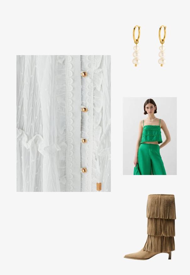 Green cropped top with scalloped edges, paired with matching wide-leg green pants. Smooth texture, minimalistic design, and adjustable straps.; White dress featuring textured fabric with ruffles, circular lace trim, and gold-tone buttons. Subtle polka dot pattern enhances design.; Fringe ankle boot in tan suede with three layered fringes. Pointed toe and a low block heel. Smooth texture throughout.; Braided handle handbag made of beige woven material, featuring floral embellishments with a textured finish and a curved silhouette.; Gold hoop earrings featuring three white pearls, showcasing a smooth texture and a round shape, with a small gold accent below the pearls.