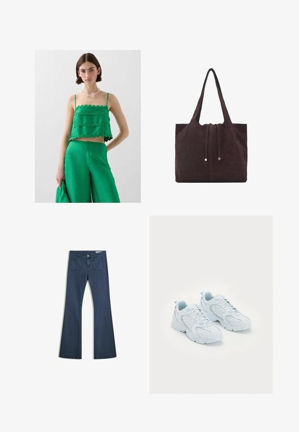 Crop top verde cu margini ondulate, asociat cu pantaloni largi verzi asortați. Textură fină, design minimalist și bretele ajustabile.; Jeans din denim de un albastru închis, cu o croială evazată, buzunare cusute, închidere cu nasture și o textură netedă. Are un design clasic cu cinci buzunare.; Pantofi sport de culoare albastru deschis, cu un superior din plasă și sintetice, având buline albe și accente reflective, design cu șireturi și tălpi căptușite.; Mango Geantă de pânză - dark brown