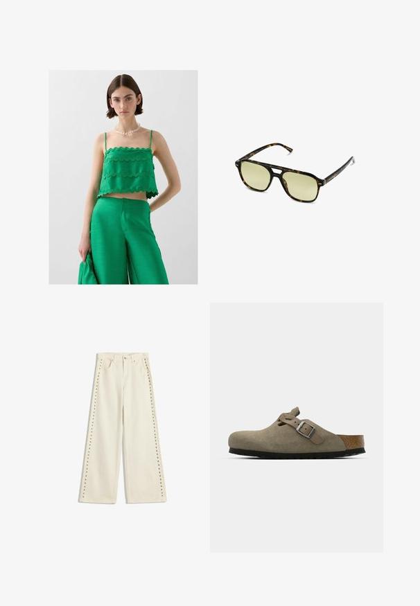 Vihreä lyhyt toppi, jossa on aaltoilevat reunat, yhdistettynä yhteensopiviin leveälahkeisiin vihreisiin housuihin. Sujuva pinta, minimalistinen muotoilu ja säädettävät hihnat.; Vaalean kermaiset leveät farkut, joissa on metalliset niittiakcentit ulkopolvissa, viisi taskua ja normaali nappisulku.; Korkkipohjaiset mokkanahkaiset klossit vaaleassa oliivinvihreässä. Varustettu metallisoljella ja pyöristetyllä varpaalla.; Aurinkolasit kilpikonnakuosisella kehysrakenteella, joissa on suorakulmainen muoto, vihertävät linssit ja kuvioitu asetaattikehys. Kehyksissä on metalliset yksityiskohdat linssien lähellä.