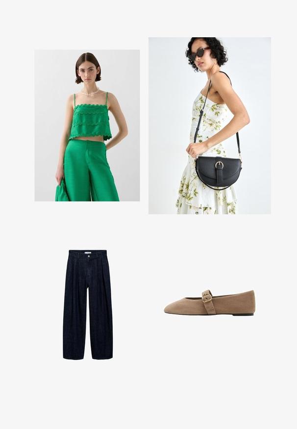 Crop top verde cu margini ondulate, asociat cu pantaloni largi verzi asortați. Textură fină, design minimalist și bretele ajustabile.; Pantaloni largi din denim închis, cu pliseuri la talie, având un button frontal și pasaje pentru curea. Textură netedă și design pe întreaga lungime.; Pantofle plate din suede bej, cu vârful ascuțit și o curea ajustabilă, dotată cu o cataramă metalică pe lateral pentru închidere.; Geantă din piele neagră, cu o formă curbată, curea detașabilă și accesorii aurii. Geanta are un capac cu un detaliu tip cataramă.