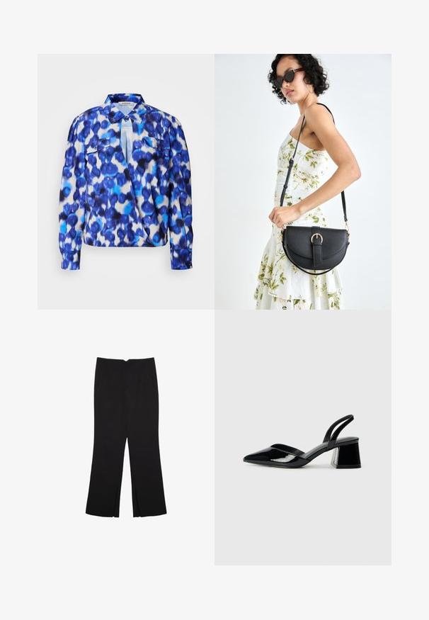 Košulja dugih rukava s apstraktnim uzorkom u plavoj i bijeloj boji, s ovratnikom, dva prednja džepa i dugmadima na rukavima. Izrađena od laganog materijala.; Crne hlače ravnog kroja, s prednjim džepovima i bočnim prorezima na rubu. Izrađene od mekog i glatkog materijala. Pogodne za razne prigode.; Crne lakirane kožne sandale s otvorenom petom i špicastim vrhom, s geometrijskom blok petom. Imaju elegantan, minimalistički dizajn i glatku teksturu.; Crna kožna torba s lukovitim oblikom, odvojivim remenom i zlatnim detaljima. Torba ima preklop s kopčom.