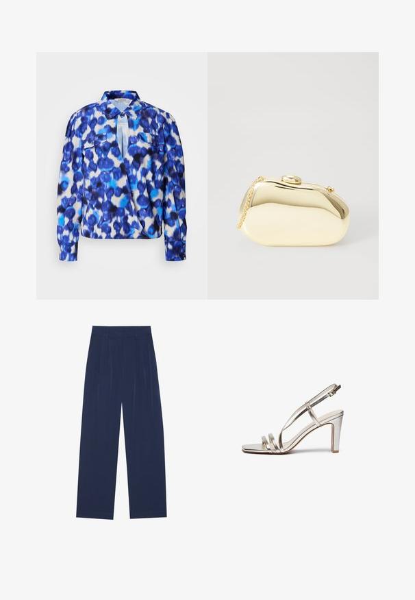 Hosszú ujjú ing kék és fehér absztrakt mintával, gallérral, két elülső zsebből és gombos mandzsettával. Könnyű anyagból készült.; Sötétkék, bő szárú nadrág puha anyagból, elől redőkkel, sima textúrával, egyenes szabással, látható zsebek nélkül.; Fémes ezüst színű magassarkú szandál nyitott orral, három vékony pánttal a lábfejen és egy csatfüles bokapánttal.; Fémes arany színű kistáska sima, lekerekített formával, tetején gombos záródással és kis láncfogóval a hordozáshoz.