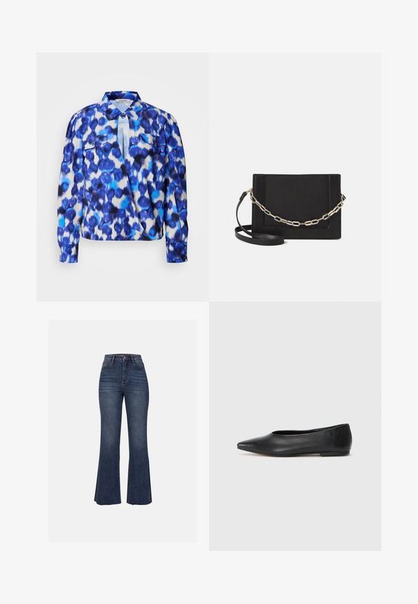 Košile s dlouhým rukávem s modro-bílým abstraktním vzorem, vyznačující se límečkem, dvěma předními kapsami a zapínáním na knoflíky na manžetách. Vyrobena z lehkého materiálu.; Anna Field Široké džíny - blue wash; Černé kožené baleríny, špičatá špička, minimalistický design, hladký povrch, nízký podpatek, žádné viditelné kovové prvky nebo ozdoby.; Černá kožená crossbody taška s hladkým povrchem, obdélníkovým tvarem a kovovým řetízkem na přední straně. Součástí je nastavitelný popruh.