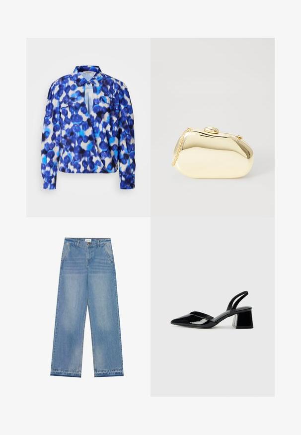 Hosszú ujjú ing kék és fehér absztrakt mintával, gallérral, két elülső zsebből és gombos mandzsettával. Könnyű anyagból készült.; Világoskék, magas derekú, bő szabású farmernadrág gombos záródással, elülső zsebekkel, övhurkokkal és finom kopott részletekkel.; Fekete lakk bőr szandálkés magas sarkú cipő, hegyes orral és geometrikus tömbsarkakkal. Karcsú, minimalista dizájn és sima textúra jellemzi.; Fémes arany színű kistáska sima, lekerekített formával, tetején gombos záródással és kis láncfogóval a hordozáshoz.