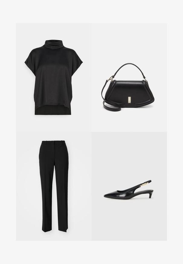Maglietta nera a maniche corte con colletto alla coreana. Tessuto morbido e liscio con una caduta fluida e un orlo dritto. Design minimalista, senza decorazioni.; Pantaloni neri su misura con un design a gamba dritta, caratterizzati da una texture liscia e pieghe ben definite sul davanti. Senza hardware visibile.; Tacchi slingback in pelle nera con punta affusolata, caratterizzati da un tacco alto e un accento dorato sulla cinghia regolabile. Texture liscia.; Borsa a mano in pelle nera con un design strutturato, caratterizzata da una forma corta, manico superiore e accessori in metallo dorato. Inclusa tracolla regolabile.