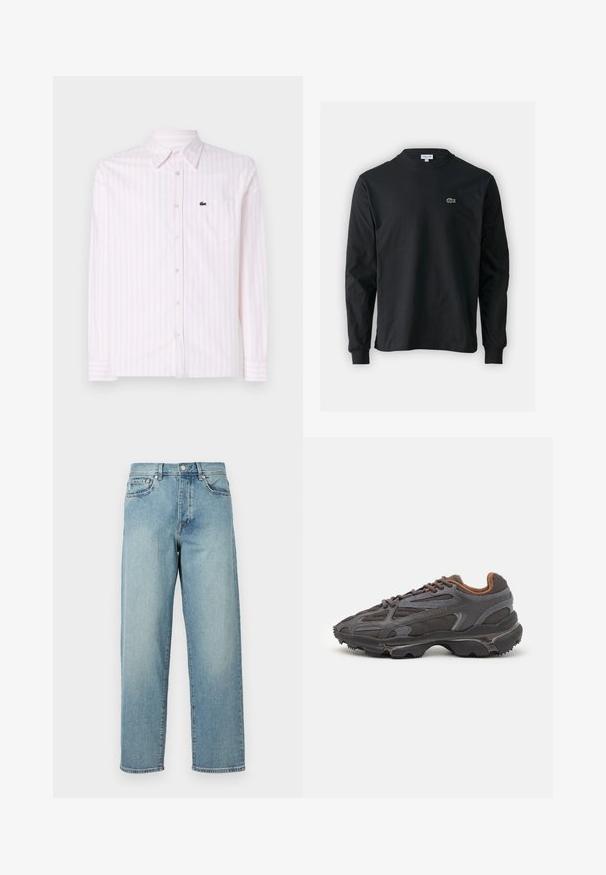 Lacoste Marškiniai - white/flamingo; Juodas ilgomis rankovėmis marškinėliai iš medvilnės, turintys apvalią iškirptę ir mažą žalią išsiuvinėtą krokodilo logotipą kairėje krūtinės pusėje.; Šviesiai mėlynos džinsinės kelnės su laisvu siluetu, tiesiomis kojomis, penkių kišenių dizainu ir sagčių uždarymu juosmens srityje. Minimalistinis siuvinėjimo akcentas.; Lacoste sportbačiai tamsiai pilki, pagaminti iš tinklinės ir sintetinių medžiagų, su tekstūruotu padu ir rudomis detalėmis ant apykaklės bei prekės ženklo.