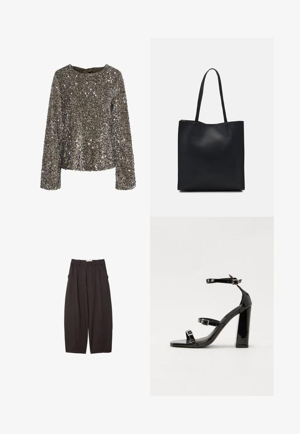 Funkelndes langärmliges Oberteil in Olivgrün mit strukturierter, Pailletten-Oberfläche. Verfügt über einen runden Ausschnitt und ein gebundenes Detail im Rücken.; Schwarze weit geschnittene Hosen aus einem glatten Stoff, mit hoher Taille, Frontfalten und Seitentaschen. Schlichtes Design ohne Verzierungen.; Schwarze patentierte Sandalen mit Absatz, quadratischer Spitze, Knöchelriemen und silbernen Schnallen. Mit einem stabilen Blockabsatz für mehr Stabilität.; Schwarze Laptoptasche aus Leder mit glatter Textur, rechteckiger Form und zwei langen Griffen. Keine sichtbaren Beschläge oder Verzierungen.