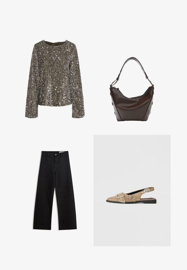 Svetleči dolgi rokavi v olivno zeleni barvi z teksturirano, bleščečo površino. Ima okroglo izrez in detajl zavezovanja na hrbtu.; Črne široke denim hlače z visokim pasom, ki imajo sprednje in zadnje žepe, šivane šive ter gumbasto zapiranje. Gladka tekstura.; Bež čevlji na peto s patentirano površino, s poudarjenim nosom, dvema nastavljivima zaponkama in nizko črno peto. Gladka tekstura z lesketajočo površino.; Temna rjava usnjena torbica s ukrivljeno obliko, z zadrgo in kratko ročico. Ima kovinske dodatke in okrasne črne gumbe na strani.