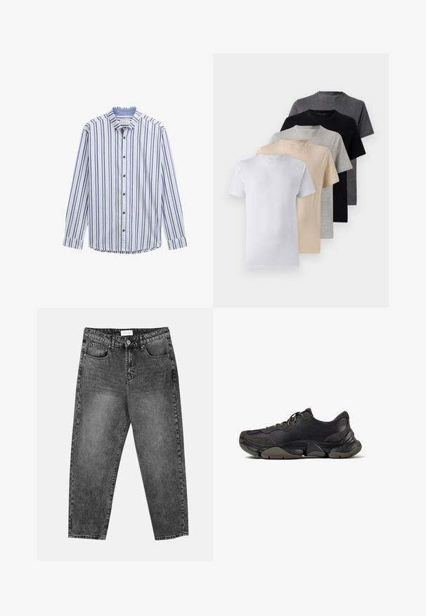 Gestreifte Hemdbluse in Weiß, Blau und Lila. Mit Kragen, langen Ärmeln und dunklen Knöpfen. Aus glattem Baumwollstoff. Abgerundeter Saum.; Set aus fünf Kurzarm-T-Shirts in Weiß, Beige, Hellgrau, Dunkelgrau und Schwarz. Hergestellt aus glattem Baumwollmaterial, mit Rundhalsausschnitt.; Schwarz gewaschene gerade Jeans mit vorderen und hinteren Taschen, Gürtelschlaufen und einem Knopfverschluss an der Taille.; Schwarzer Sportschuh mit strukturiertem Sohle, Obermaterial aus Leder und Wildleder, gepolstertem Kragen und Schnürverschluss, im seitlichen Profil dargestellt.