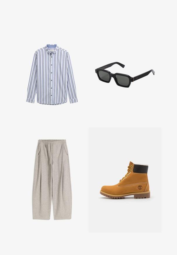 Gestreifte Hemdbluse in Weiß, Blau und Lila. Mit Kragen, langen Ärmeln und dunklen Knöpfen. Aus glattem Baumwollstoff. Abgerundeter Saum.; Hellgraue Jogginghose mit elastischem Bund, verstellbarem Kordelzug, zwei Seitentaschen und weit auslaufenden Beinen. Weiche Textur, gefältetes Design.; Braune Leder-Ankle-Boots mit Metallösen, weißem Kunstfellfutter, schwarzem gepolstertem Kragen, robustem Sohlenprofil und geprägtem Logo an der Seite.; Schwarze, quadratische Sonnenbrillen mit grauen Gläsern. Dicke Kunststoffrahmen verfügen über goldene Akzente und Branding an den Schläfen. Glatte Textur.