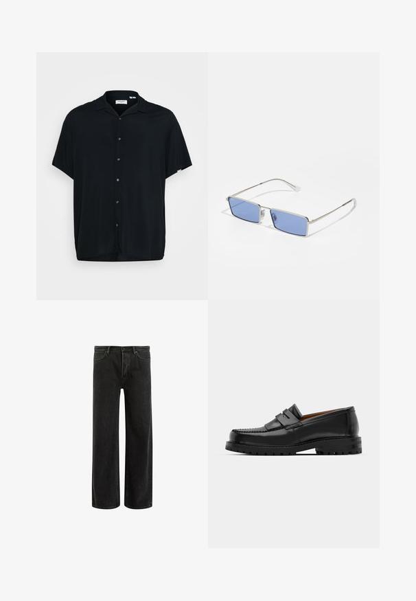 Cămașă neagră cu mânecă scurtă, dintr-un material ușor. Are guler tip spread, închidere cu butoane pe față și un croi confortabil.; Blugi negri din denim cu picioare largi și talie înaltă, având un design clasic cu cinci buzunare și ușoară decolorare pentru un aspect texturat.; Mocasinii din piele neagră au o cusătură ridicată, două bare decorative pe partea superioară și o talpă groasă texturată pentru o aderență suplimentară.; Ochelari de soare din metal, cu formă rectangulară, lentile de culoare albastră și ramă argintie. Au pernuțe pentru nas și brațe subțiri, drepte.