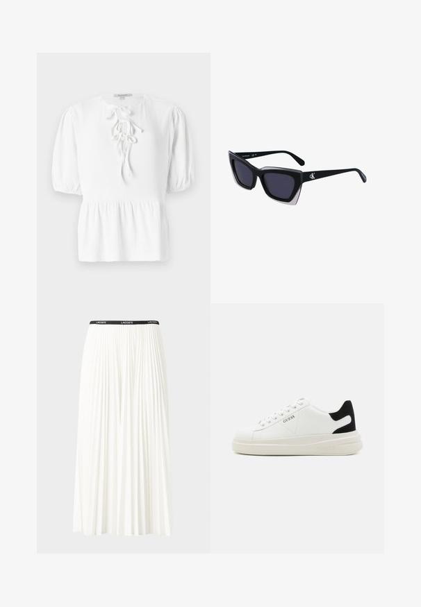 Blusa bianca con scollo rotondo, maniche corte a sbuffo e un laccio regolabile davanti. Presenta un tessuto a trama texturizzata e un orlo a peplo.; Gonna bianca plissettata con elastico nero in vita che presenta il logo "LACOSTE". Design di lunghezza media con texture morbida.; Sneaker bianchi in pelle con suola spessa bianca, accento in suede nero sul tallone e logo impresso sul lato. Design con lacci e sei fori per i lacci.; Occhiali da sole oversize neri dalla forma geometrica, con lenti scure e un dettaglio grigio a contrasto sulla montatura. Logo sul braccio.