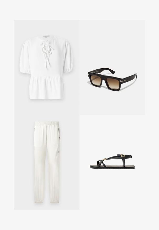 White blouse with a round neckline, short puffed sleeves, and a drawstring tie at the front. Features a textured woven fabric and peplum hem.; Light cream joggers with elastic waistband, tapered cuffs, side pockets, and zippered accents. Smooth, slightly shiny fabric finish.; Black leather sandals with thin straps and a buckled ankle strap. Flat sole with a textured finish and zigzag edge. Minimalist design.; Tortoiseshell sunglasses with a square frame, gradient brown lenses, and subtle gold hardware accents on the temples.; Brown suede tote bag with two soft handles, a vertical strap with a silver accent, and a wide, open top. Smooth texture, minimalist design.