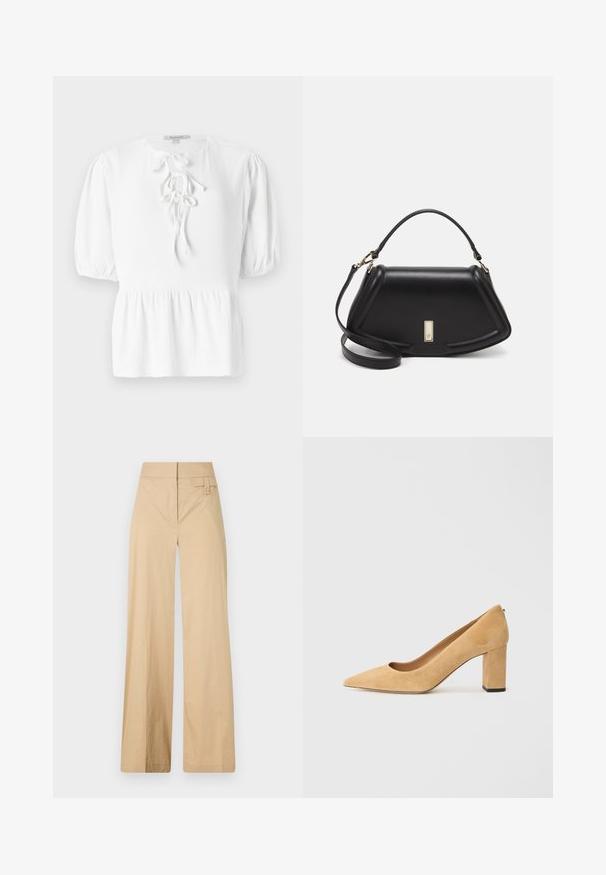 White blouse with a round neckline, short puffed sleeves, and a drawstring tie at the front. Features a textured woven fabric and peplum hem.; Beige wide-leg pants made of cotton blend fabric. Features a smooth texture, elastic waistband, and a side button detail.; Beige suede high-heeled pump with a pointed toe and a chunky block heel. The material has a soft texture with a smooth finish.; Black leather handbag with a structured design, featuring a cropped shape, top handle, and gold hardware accent. Adjustable shoulder strap included.