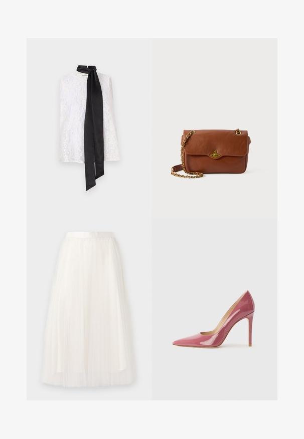 Weißes Spitzenshirt mit hohem Kragen und einem schwarzen Satinschleifenband am Kragen. Aufwendiges Spitzenmuster und glatte Textur.; Weißer Tüll-Midirock mit weicher Textur und gerafftem Bund, der mit geschichteten Falten einen fließenden Look erzeugt.; Rosa lackleder High-Heel-Pumps mit spitzer Zehenpartie und schlankem Profil, ausgestattet mit einem Cut-out-Detail und einem Stiletto-Absatz.; Braune Leder-Crossbody-Tasche mit Klappenverschluss, goldenen Beschlägen und einer Kettenriemen. Glatte Textur, rechteckige Form, minimalistische Details.