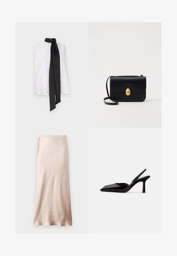 Top din dantelă albă, cu guler înalt și o panglică de satin neagră legată la guler. Model de dantelă complicat și textură netedă.; Fustă midi din satin, de culoare bej deschis, cu talie ajustată, textură netedă și tiv evazat, fără embellismente vizibile sau buzunare.; Sandale din piele neagră cu toc, cu vârf ascuțit, design minimalist, curea subțire la gleznă și toc subțire elegant. Textură netedă.; Geantă de mână din piele neagră, cu o formă rectangulară structurată. Are un capac oval auriu și o curea subțire pentru umăr. Textură netedă.