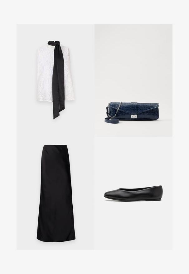 Hvid blonde top med høj halsudskæring og et sort satinbånd bundet ved kraven. Intrikat blonde mønster og glat tekstur.; Norma Kamali BIAS OBIE SKIRT - Maxinederdele - black; Paul Smith TOPANGA - Ballerinasko - black; Mørkeblå læder clutch med krokodilleskin, sølv kædesti og metallisk lukning. Firkantet form med fold-over design.
