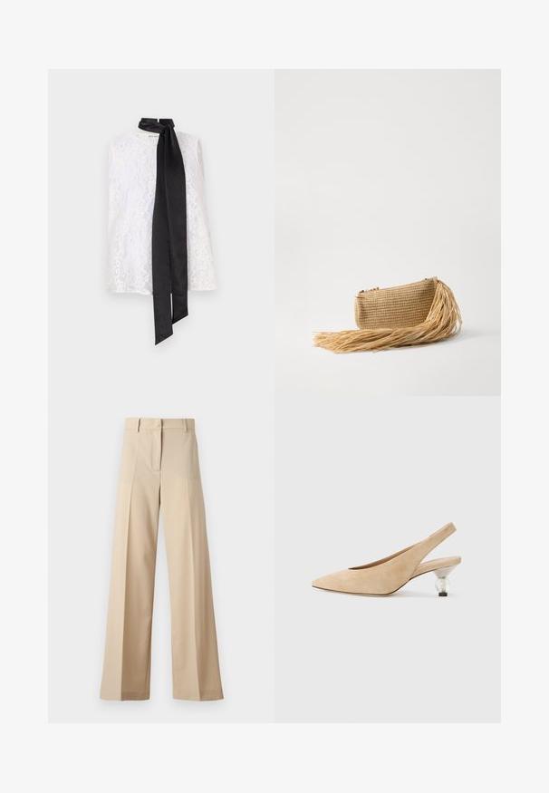 Valge pitsiline top, millel on kõrge kaelus ja must satiinist pael seotud kaela ümber. Detailne pitsimuster ja sile tekstuur.; Kreemikad laiad püksid, mis on valmistatud siledast kangast, millel on tasapinnaline esiosa koos voldikutega, lukuga esiosa ja vöökohale silmused. Üldine puhas istuvus.; Bež sametist slingback kingad terava varbaga ja läbipaistva ümmarguse kontsaga. Sile tekstuur ja minimalistlik disain.; Cult Gaia VIERA - Väike käekott - natural