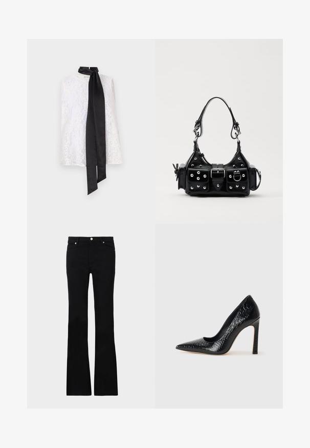 Haut en dentelle blanche avec un col montant et un ruban en satin noir noué au niveau du col. Motif de dentelle complexe et texture lisse.; Jean évasé noir en denim, avec deux poches avant, une fermeture à bouton et une texture lisse. Couture signature visible aux coutures.; Escarpin noir à bout pointu avec texture en cuir de crocodile, présentant un design élégant, un haut talon aiguille et un intérieur noir lisse.; Sac à main en cuir noir au design courbé, avec des clous en argent, une boucle et deux poches latérales. Bandoulière réglable pour différentes options de transport.