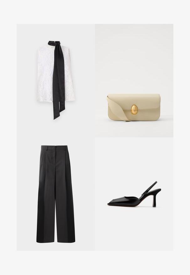 Biely čipkovaný top s vysokým výstrihom a čiernou saténovou stuhou zviazanou na golieri. Detailný čipkový vzor a hladká textúra.; Čierne široké nohavice s vysokým pásom, so záhybmi vpredu, hladkou textúrou a prispôsobeným strihom. Navrhnuté pre uvoľnený strih.; Čierne kožené sandále na podpätku s špicatou špičkou, minimalistický dizajn, tenký remienok okolo členka a elegantný stiletto podpätok. Hladká textúra.; Béžová kožená kabelka s hladkou textúrou, obdlžnikovým tvarom a zlatým oválnym zapínaním. Má dlhý, nastaviteľný popruh.