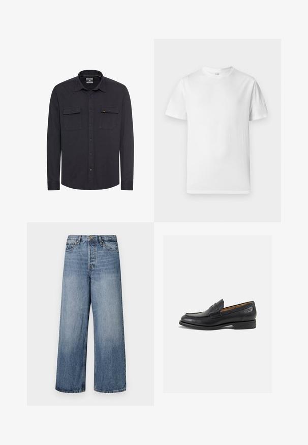 Dark blue shirt with a textured fabric, buttoned front, collar, and two chest pockets. Features a small logo on the left pocket.; White short-sleeve t-shirt made of soft cotton. Features a round neckline and a straight hem with minimal detailing.; Wide-leg blue denim jeans with a faded wash, five-pocket design, and a button closure. Equipped with belt loops and stitched detailing.; Black leather loafers with a smooth finish, rounded toe, and decorative stitching on the vamp. Low stacked heel and slight shine.