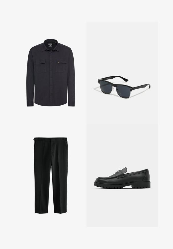 Dark blue shirt with a textured fabric, buttoned front, collar, and two chest pockets. Features a small logo on the left pocket.; Black trousers with a straight-leg design, made from smooth fabric. Features two front pockets and a waistband with belt loops.; Black leather loafers with a rounded toe, featuring a stitched design, low platform sole, and a textured, lugged rubber outsole.; Black sunglasses with a rectangular shape, dark lenses, silver accents at the temples, and a matte finish on the frame.