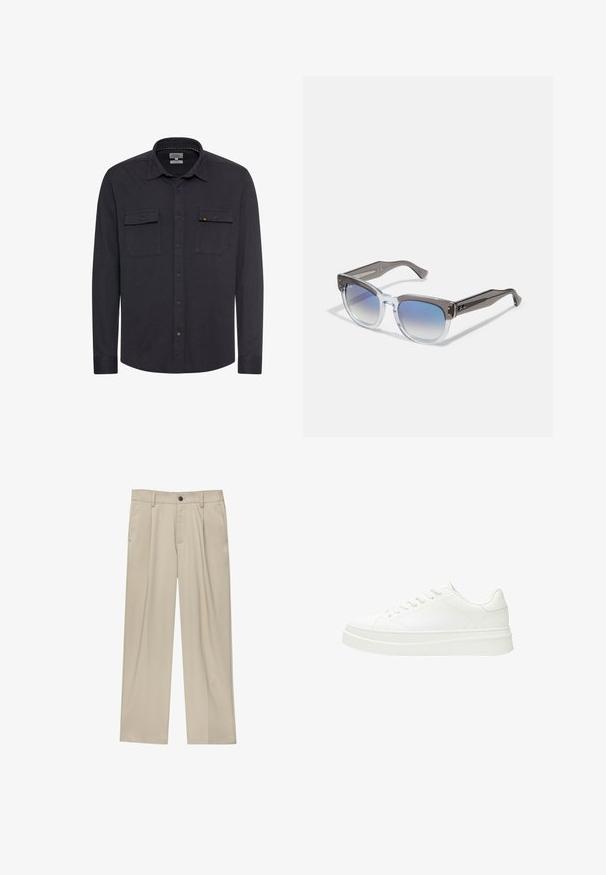 Dunkelblaues Hemd aus strukturiertem Stoff, mit vorderer Knopfleiste, Kragen und zwei Brusttaschen. Verfügt über ein kleines Logo auf der linken Tasche.; Beige Hosen mit geradem Schnitt, ausgestattet mit einem einzelnen schwarzen Knopf, Gürtelschlaufen und Seitentaschen. Glatte Stofftextur und minimalistisches Design.; Weiße Sneaker mit einem glatten Lederoberteil, flachen Schnürsenkeln und einer dicken Gummisohle. Das minimalistische Design verfügt über subtile Nähte und nahtlose Akzente.; Graue und klare Sonnenbrille mit quadratischer Form, verlaufenden blauen Gläsern und metallischen Akzenten an den Bügeln. Leichtes Material.