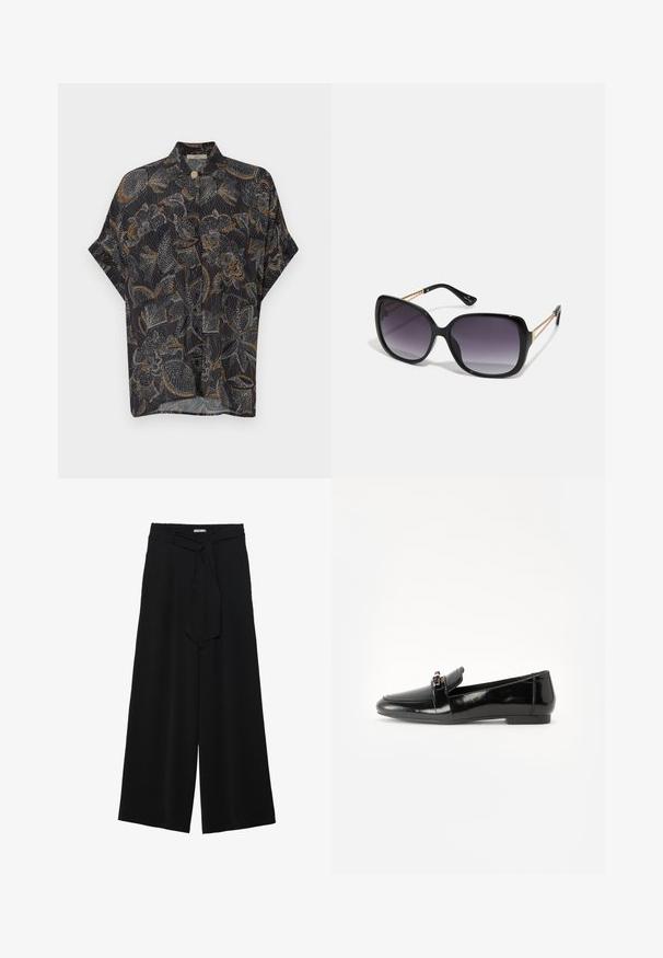 Camicetta nera a maniche corte con un motivo floreale bianco e arancione. Tessuto leggero, chiusura a bottoni al colletto, vestibilità morbida.; Pantaloni neri a gamba larga caratterizzati da un tessuto testurizzato, una vita elastica e una cintura staccabile per una vestibilità regolabile.; Mocassino in pelle verniciata nera con suola piatta, punta arrotondata e una fascia decorativa con accento in tonalità oro. Finitura liscia e lucida.; Occhiali da sole neri oversize con lenti sfumate, montatura spessa e dettagli in catena dorata sulle astine.