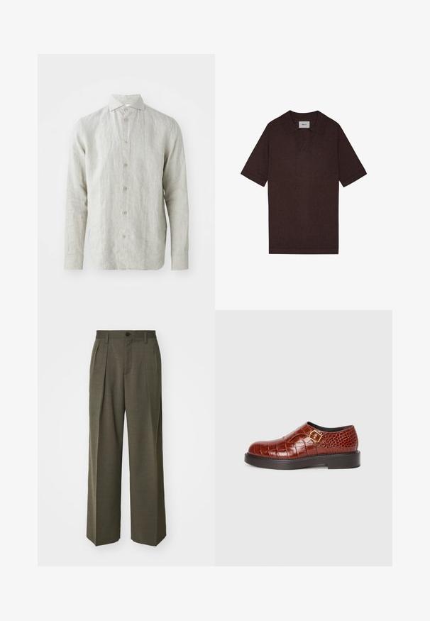 Light gray linen shirt with a button-down front, classic collar, and long sleeves. Features subtle texture and five brown buttons.; Brown polo shirt made from textured fabric, featuring a pointed collar and short sleeves. Label displays "NN. 07" at the neckline.; Filippa K WIDE TROUSERS - Trousers - driftwood; Brown leather shoes with a crocodile texture, featuring a square gold buckle, a smooth rounded toe, and a thick black sole.