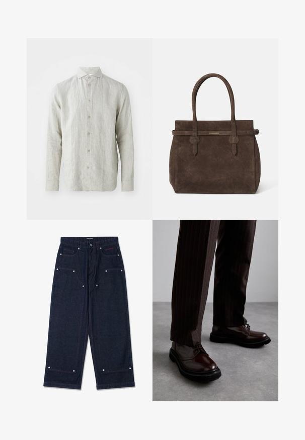 Camicia in lino grigia chiara con bottoni frontali, colletto classico e maniche lunghe. Presenta una texture sottile e cinque bottoni marroni.; Canottiera bianca in cotone senza maniche con scollatura rotonda, caratterizzata da una texture liscia e una vestibilità aderente, progettata per l'abbigliamento casual.; Pantaloni a gamba larga in denim scuro con due tasche frontali, dettagli in metallo argentato e cuciture rosse in contrasto. Caratterizzati da una chiusura a bottone e logo del marchio.; Scarpe stringate in pelle marrone con finitura lucida, suola in gomma nera e cuciture sottili. Indossate con pantaloni marroni a righe.; Borsa a spalla in suede marrone scuro con doppi manici e una tracolla orizzontale, dotata di una piccola placca con il logo DSQUARED2 in oro.