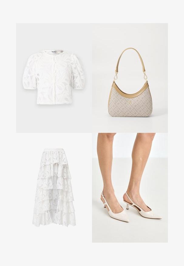 White lace blouse with a round neckline, puffed short sleeves, and floral pattern. Features button closure and sheer fabric.; White lace skirt featuring a tiered design with scalloped edges. The material has a floral pattern and texture, creating a layered appearance.; Beige patent leather slingback heels with a pointed toe and 5 cm heel, featuring cut-out sides and a thin ankle strap.; Beige patterned handbag with a curved shape, leather accents, and a gold-tone logo on the front. Features a short handle for easy carrying.; Lauren Ralph Lauren COLLAR - Necklace - gold-coloured/white