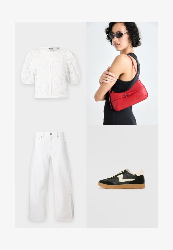 Bijela čipkana bluzica s okruglim izrezom, nabranim kratkim rukavima i cvjetnim uzorkom. Ima kopčanje na gumb i prozirnu tkaninu.; Bijele široke traperice od pamučnog denima. Imaju kopčanje na dugme i patentni zatvarač, prednje džepove i suptilno šivanje duž šavova.; Crna nubuk i kožna tenisica s kremastim bočnim swooshom i svijetlom kremastom petom. Sadrži bež vezice i gumu na potplatu.; Crvena kožna torba preko ramena s glatkom teksturom, zakrivljenim dizajnom i dekorativnom kopčom. Podesivi remen i zatvaranje na patentni zatvarač.