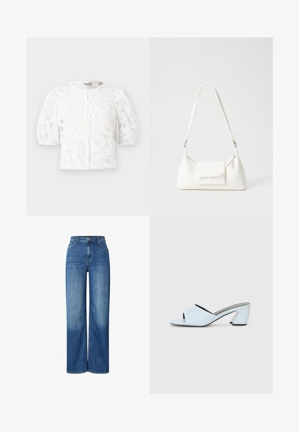 White lace blouse with a round neckline, puffed short sleeves, and floral pattern. Features button closure and sheer fabric.; Pieces PCSILKE - Wide Leg - medium blue denim; Light blue open-toe heeled mules with a geometric design, featuring a wide strap across the foot and a chunky, angular heel.; White synthetic handbag with a triangular shape, flat front flap and bow detail, adjustable strap, smooth texture, and minimalistic design.