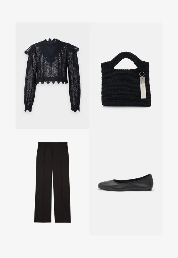 Must mustrippune mustholliga, millel on pikad varrukad, kõrge kaelus ja laineline äär. Lilledest muster ja läbipaistva tekstiiliga.; Mustad kohandatud püksid sujuvast kangast, sirge jala disainiga ja kahe küljetaskuga. Elegantne ja minimalistik ehitus.; Musthave mustika tantsutossud mustast nahast, ümmarguse varbaga, siledast tekstuurist, minimaalse õmblusdetailiga ja paindliku tallakujundusega.; Won Hundred MARSIELLE COMPUTER BAG UNISEX - Sülearvutikott - black