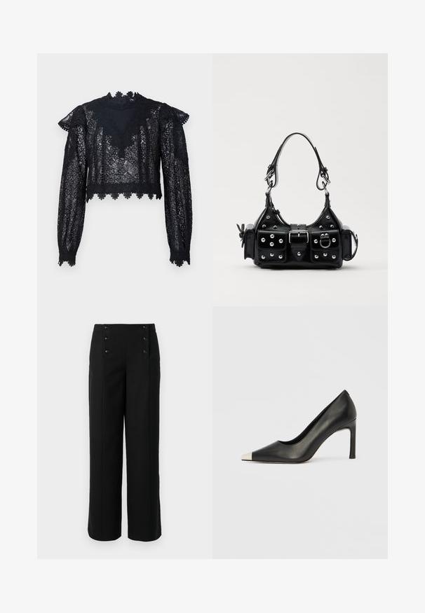 Sort blonde crop top med lange ærmer, høj hals og bølget kant. Blomsterdesign med gennemsigtig struktur hele vejen igennem.; Sorte bukser med brede ben lavet af glat stof, der har høj talje og fem frontknapper til lukning. Elegant, skræddersyet design.; Sort læder højhælet sko med spids tå og metal-sølv hætte. Har en glat finish og en slank hæl på 10 cm.; Sort læderhåndtaske med et buet design, prydet med sølvfarvede nitter, en spænde og to sidelommer. Justerbar rem til forskellige bære muligheder.