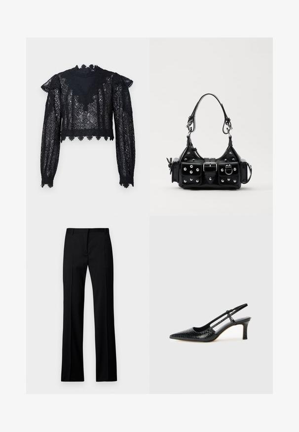 Schwarzes Spitze-Crop-Top mit langen Ärmeln, hohem Kragen und gewelltem Saum. Blumenmuster mit transparenter Textur überall.; Schwarze gerade geschnittene Hosen aus glattem Stoff, mit flachem Bund, Gürtelschlaufen und ohne sichtbare Taschen oder Verzierungen.; Schwarze Lack-Slingback-Pumps mit spitzem Zehenbereich, versehen mit strukturiertem Schlangenprint, verstellbarem Riemen und einem kurzen, strukturierten Blockabsatz.; Schwarze Lederhandtasche mit einem geschwungenen Design, verziert mit silbernen Nieten, einer Schnalle und zwei seitlichen Taschen. Verstellbarer Träger für verschiedene Tragemöglichkeiten.