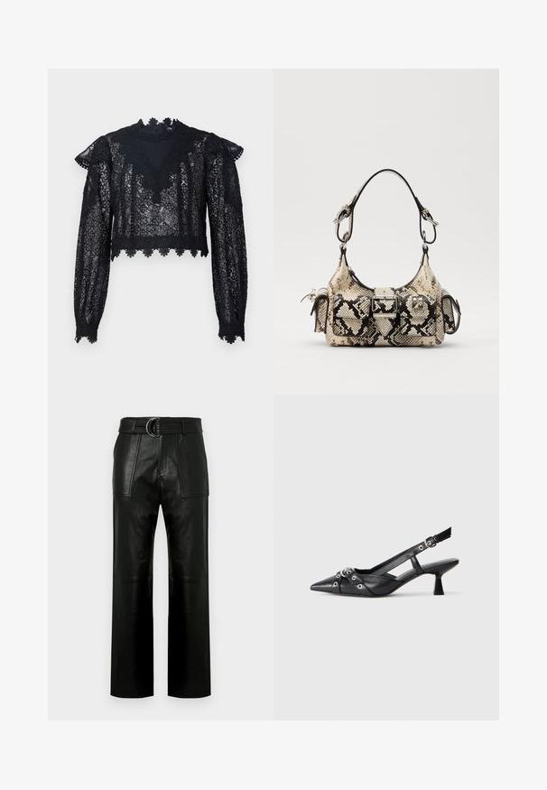 Schwarzes Spitze-Crop-Top mit langen Ärmeln, hohem Kragen und gewelltem Saum. Blumenmuster mit transparenter Textur überall.; Hochtaillierte schwarze Lederhose mit weitem Bein, großen aufgesetzten Taschen vorne und einem passenden Gürtel mit Doppelringverschluss.; Schwarzer Leder-Slingback-Schuh mit spitz zulaufender Zehenpartie, dekorativen Riemen mit METALLÖSEN und niedrigem Blockabsatz. Strukturelle Oberfläche.; Python-Handtasche in Beige und Schwarz, mit strukturiertem Design, Schnallen-Details und doppelten Schulterträgern. Texturierte Oberfläche.