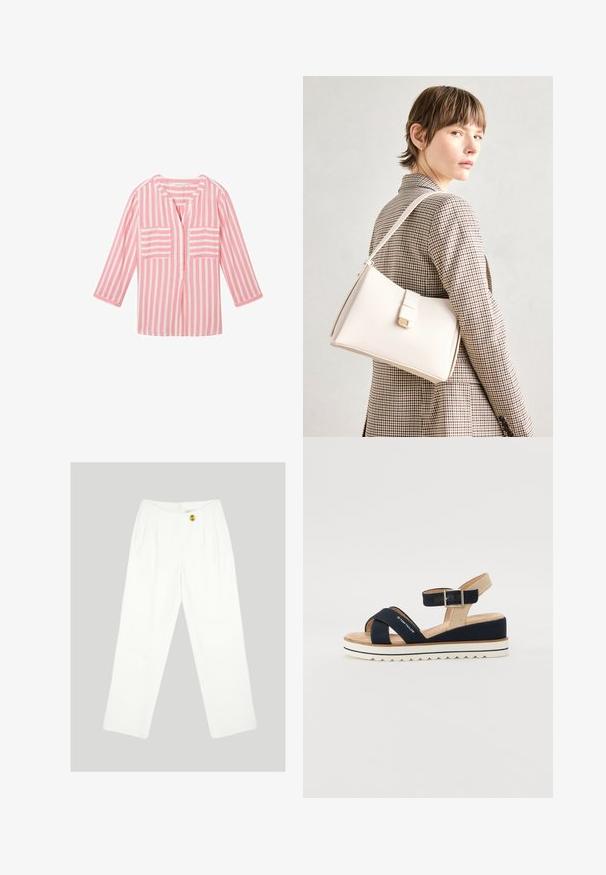 TOM TAILOR Blúz - pink offwhite stripe; Fehér, széles lábú nadrág sima anyagból. Egyetlen sárga gombbal záródik, és pleats dizájnja van elöl. Nincsenek látható zsebek.; Tengerészkék szandál két vászonpánttal, állítható bokapánttal és textúrált bézs hátsó résszel. Vastag, fehér, hullámos talp. Márkanevével ellátott pánt.; Fehér bőr táska strukturált dizájnnal, mágneses záródással és vállpánttal, semleges háttér előtt bemutatva.