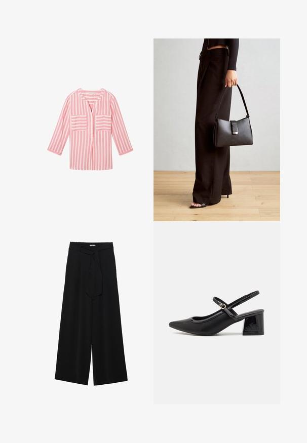 TOM TAILOR Pluus - pink offwhite stripe; Mustad laiad püksid, millel on tekstureeritud kangas, elastne vöökoht ja eemaldatav pael vööst, et reguleerida sobivust.; Mustad läikivad nahast slingback-kõrged kontsad, millel on terav nina, ümar lõikekujundus ja blokknina. Omab kuldset nupu aktsenti.; Must musta kott, millel on struktureeritud kuju, sile tekstuur ja metallist klamber. Kombineeritud laiate mustade pükstega ja avatud varvaste sandaalidega puidust põrandal.