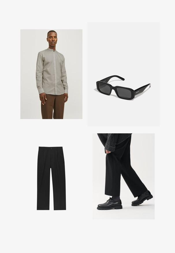 Jack & Jones JJJOE SHIRT PLAIN MAO - Ing - pure cashmere; Fekete nadrág egyenes szárú kialakítással, sima anyagból készült. Elöl redők és egy gombos záródás található a derékon.; Fekete bőr cipők kerek orral, fűzős kialakítással és vastag, texturált talppal. Öltönyös fekete nadrággal és bordázott pulóverrel viselve.; Arnette THEKIDD UNISEX - Napszemüvegek - black