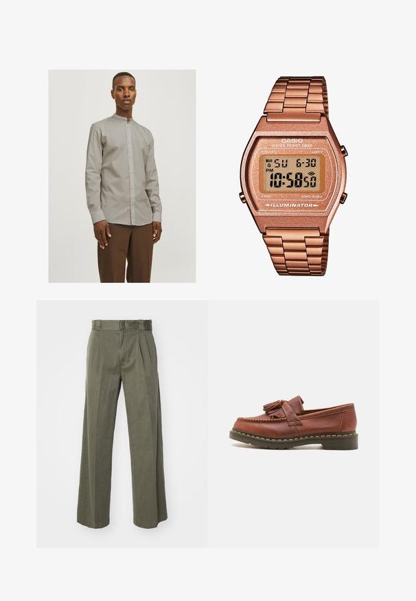Jack & Jones JJJOE SHIRT PLAIN MAO - Hemd - pure cashmere; Olivgrüne Hose mit einem lockeren, weit geschnittenen Design und vorderen Falten. Hergestellt aus strukturiertem Stoff mit einem normalen Bund und ohne sichtbare Beschläge.; Braune Leder-Mokassins mit Quastenakzenten, strukturierten Oberflächen und kontrastierenden gelben Nähten entlang der schwarzen Gummisohle. Seitenansicht.; Digitaluhr von Casio mit einem roségoldenen Metallarmband, rechteckigem Gehäuse, beleuchtetem Display und Wasserfestigkeit, zeigt Uhrzeit und Datum an.