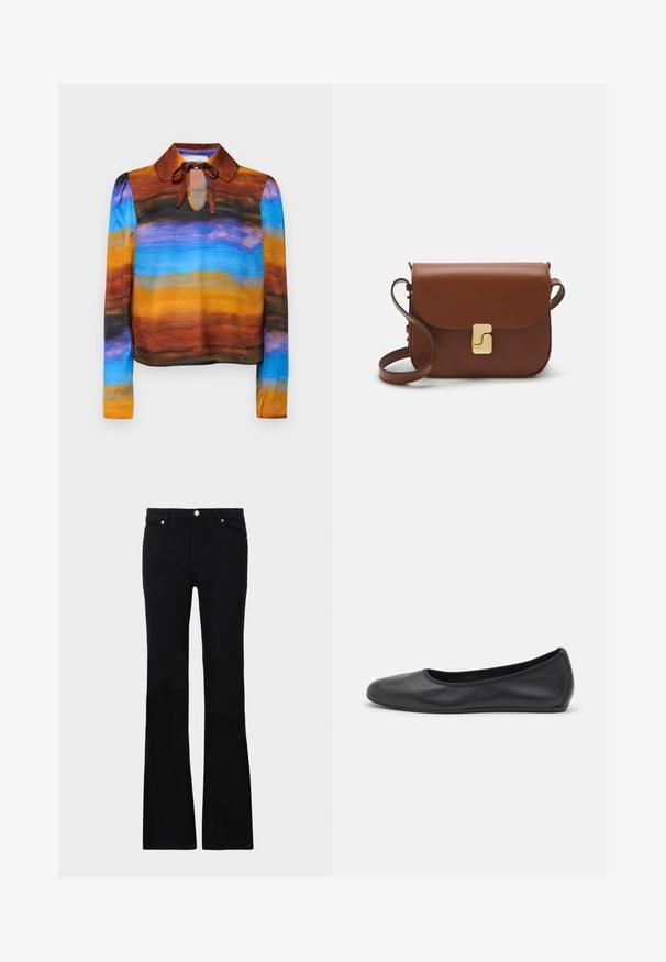 Ilgų rankovių palaidinė su apvaliu apykaklės kraštu, puikuojanti akvarelės raštu rudos, oranžinės, mėlynos ir juodos spalvos. Kaklo raišteliai suteikia papildomo akcento.; Juodi plačios kojų džinsai, pagaminti iš denimo, turintys dvi priekinės kišenes, užsegimą su mygtuku ir lygią tekstūrą. Išsiuvinėjimas matomas siūlėse.; Juodai odiniai baletai su apvaliu pirštu, lygi texture, minimalus siuvimo detales ir lanksčiu padų dizainu.; Ruda odinė rankinė su uždaromu dangteliu, aukso spalvos detalėmis, petneša ir lygiu paviršiumi. Kompaktiška stačiakampio formos.