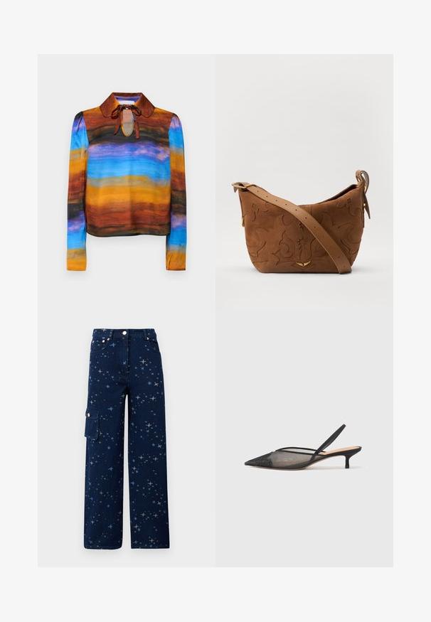 Blusa a maniche lunghe con colletto rotondo, caratterizzata da un motivo acquarello nei toni del marrone, arancione, blu e nero. I lacci al collo aggiungono un tocco di dettaglio.; Pantaloni cargo in denim blu scuro con motivo a stelle, forma a gamba larga, tasche frontali e una tasca laterale con chiusura a bottone.; NEOUS IRENA - Decolleté - black; Borsa a spalla in suede marrone con design floreale impresso, completata da una morbida tracolla in pelle marrone e dettagli in metallo dorato.