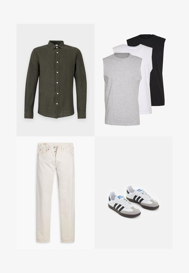Tmavozelená košeľa s dlhým rukávom vyrobená z ľanu. Obsahuje zapínanie na gombíky s bledými gombíkmi a golier, ktorý dodáva štruktúrovaný vzhľad.; Tričko bez rukávov v šedé, bílé a černé barvě. Měkký bavlněný materiál s kulatým výstřihem a volným střihem. Jednoduchý design, bez vzorů.; Off-white vysoké slim-fit džínsy s gombíkovým zapínaním, piatimi vreckami a medi kovovými nitmi, položené na bielom pozadí.; Športové topánky s bielym koženým zvrškom, šedou semišovou špičkou a tromi čiernymi pruhmi. Obsahujú modré logo na jazyku a štruktúrovanú gumovú podrážku.