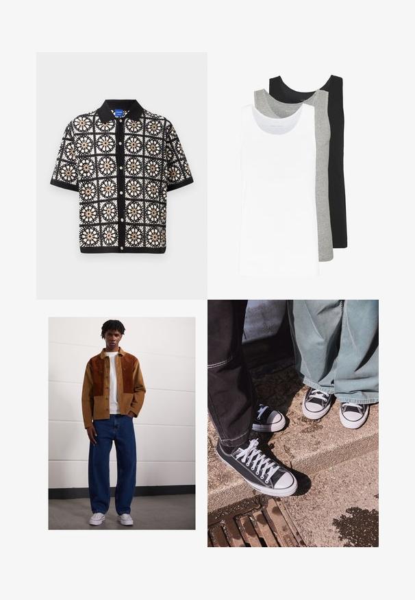Lühikeste varukatega must särk, millel on keerukad valged ja beežid lillelistest heegeldatud mustrid, ning toimib nööbitavate ees ja lame krae.; Kolme topit valgest, hallist ja mustast. Igaühel on klassikaline varrukateta disain, valmistatud kergest puuvillalisest kangast, millel on soonikstruktuur.; Mees seisab siseruumides, kandes pruuni rubriikjakki roosteplekkidega, valget T-särki, lahtisi siniseid teksaseid ja valgeid spordijalanõusid.; Mustad musta kangaga madalate tossudega, valgete kummist varvaste ja paeltega, kombineerituna laia rohelise denimpüksiga, tekstureeritud kivi pinna peal.