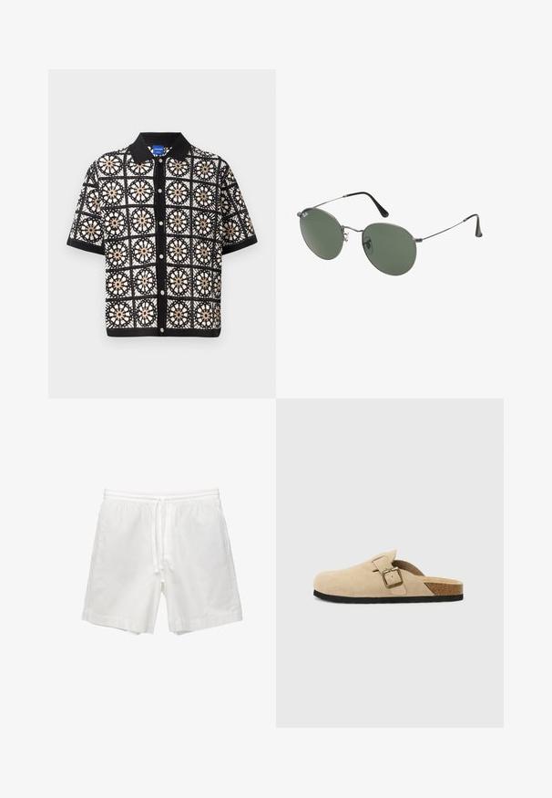 Maglietta nera a maniche corte con intricati motivi floreali all'uncinetto bianchi e beige, dotata di chiusura con bottoni e colletto piatto.; Maglietta bianca in cotone con maniche corte, scollatura rotonda, vestibilità comoda e senza loghi o motivi visibili. Texture liscia e design minimale.; Shorts bianchi in cotone con vita elasticizzata e cordino, tasche laterali e taglio dritto con orli rifiniti.; Zoccoli beige in suede con piede in sughero, punta rotonda e una semplice fascia con una fibbia dorata. Suola in gomma per una buona aderenza.; Occhiali da sole con montatura in metallo e lenti verdi ovali. Montatura sottile in metallo argento e terminali neri. Design minimalista, senza loghi visibili.