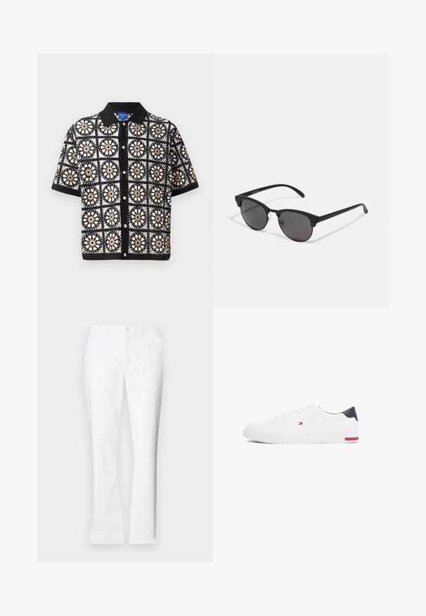 Kurzärmliges schwarzes Hemd mit aufwendigen weißen und beige Häkelmustern in Blumenform, mit durchgehender Knopfleiste und flachem Kragen.; Weiße Baumwollhose mit geradem Bein, vorderen Taschen, einem einzigen Knopfverschluss und einer glatten Textur.; Weißes Low-Top-Sneaker aus glattem Leder. Mit einem marineblauen Fersenstück und einem roten Akzent an der Sohle. Sechs Ösen für die Schnürsenkel.; Schwarze Sonnenbrille mit runden Gläsern, matter Oberfläche und markanter Cat-Eye-Form. Schlanke Bügel mit dezenter Markenkennzeichnung am linken Schläfenstück.