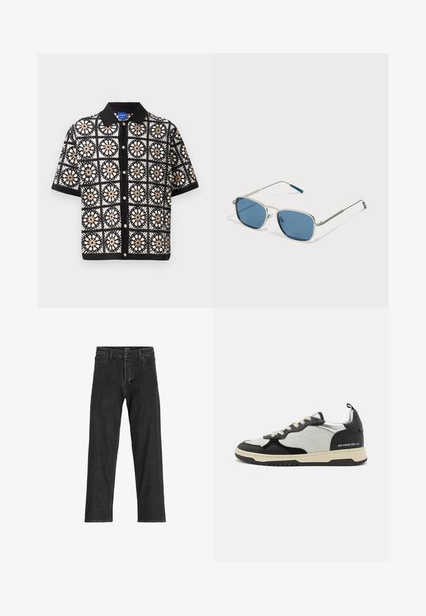 Juodasis trumpomis rankovėmis marškinis su sudėtingomis baltomis ir smėlinėmis gėlių nėrimo detalėmis, turintis sagų frontą ir plokščią apykaklę.; Juoda džinsinė kelnė su tiesaus kirpimo dizainu, su užtrauktuku, diržo kilpomis ir šešiais kišenėmis, pagaminta iš tvirto medvilnės mišinio.; Batai sportiniai su juodu odiniu ir pilku zomšiniu viršumi bei kreminiais akcentais. Perforuota pirštų dėžutė, kontrastingos raišteliai ir prekės ženklas ant kulno.; Akiniai nuo saulės su sidabro metalo rėmu, stačiakampiais mėlynais objektyvais ir plonomis kojelėmis. Akcentai mėlynos spalvos ant šventyklų galiukų.