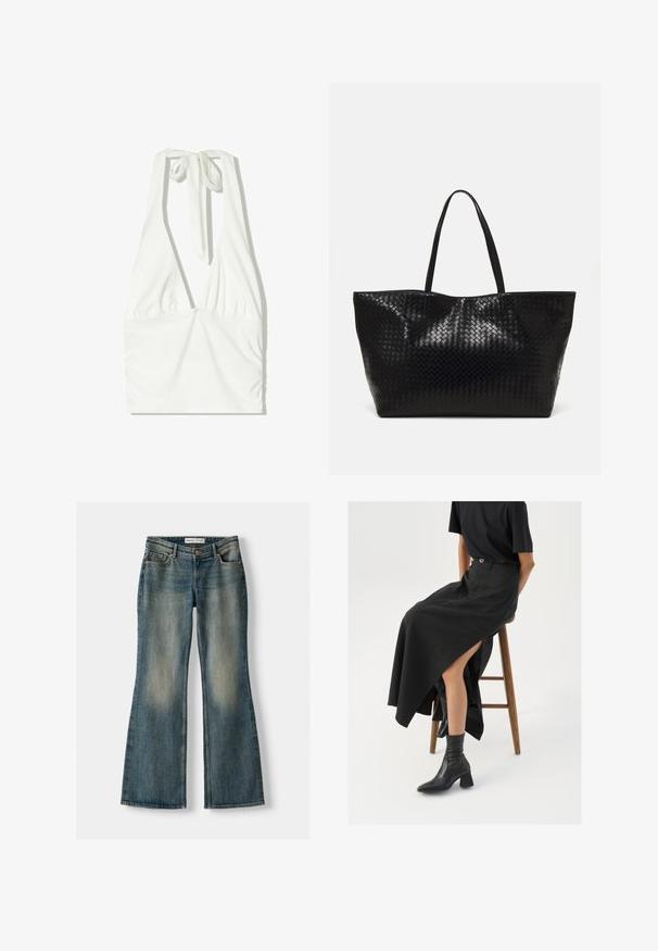Haut à bretelles blanc avec un décolleté en V profond, un devant froncé et un lien ajustable au cou. Fabriqué en tissu doux et texturé.; Jeans flair bleus avec un lavage décoloré, cinq poches et une fermeture à bouton. Le matériau présente une texture en denim avec des détails de couture subtils.; Jupe maxi en lin noir avec une fente haute, portée avec un t-shirt noir et des bottes de cheville noires. Design minimaliste avec une coupe décontractée.; Sac fourre-tout tissé noir avec deux poignées robustes, présentant une texture brillante et un design à ouverture spacieuse.